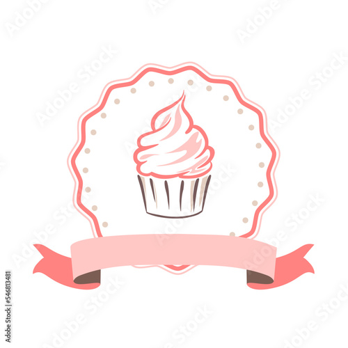 Pink cupcake with ribbon bow logo on white