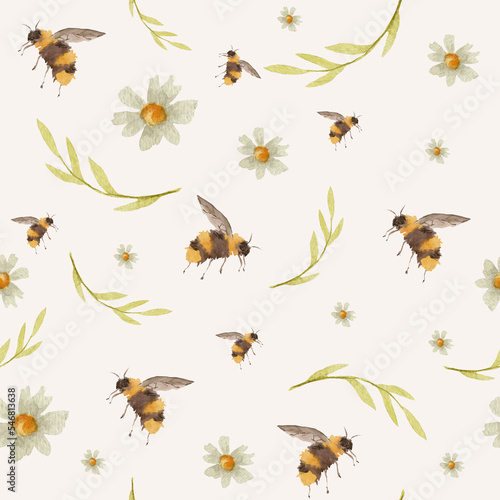 Seamless pattern with daisies and bees on a beige background  painted in watercolor for your design.