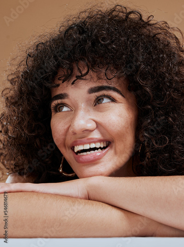 Beauty, skincare and portrait of happy black woman with smile on face and studio background. Afro, big smile and happy woman with glowing skin, health and wellness with healthy lifestyle in Brazil.