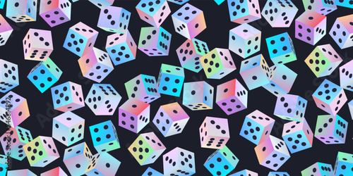 Gambling dice. Seamless pattern of polyhedral game cubes in gradient color with black dots on black. To play in casino, roll dice from one to six points with random numbers. Good luck concept. Vector