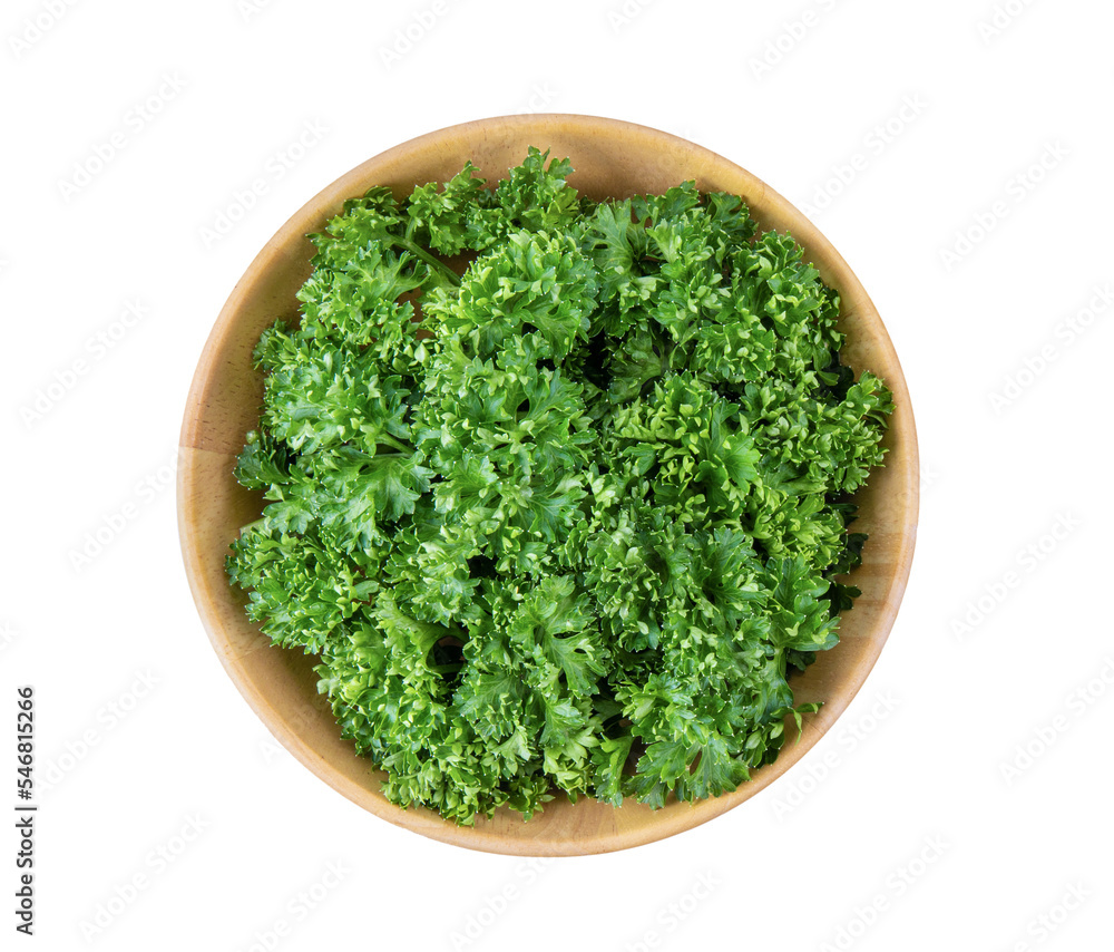 Fresh parsley herb in wood bowl isolated on transparent png