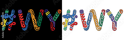 WY Hashtag. Multicolored bright isolate curves doodle letters. Hashtag #WY is abbreviation for the US American Wyoming. Set for social network, web resources, mobile apps.