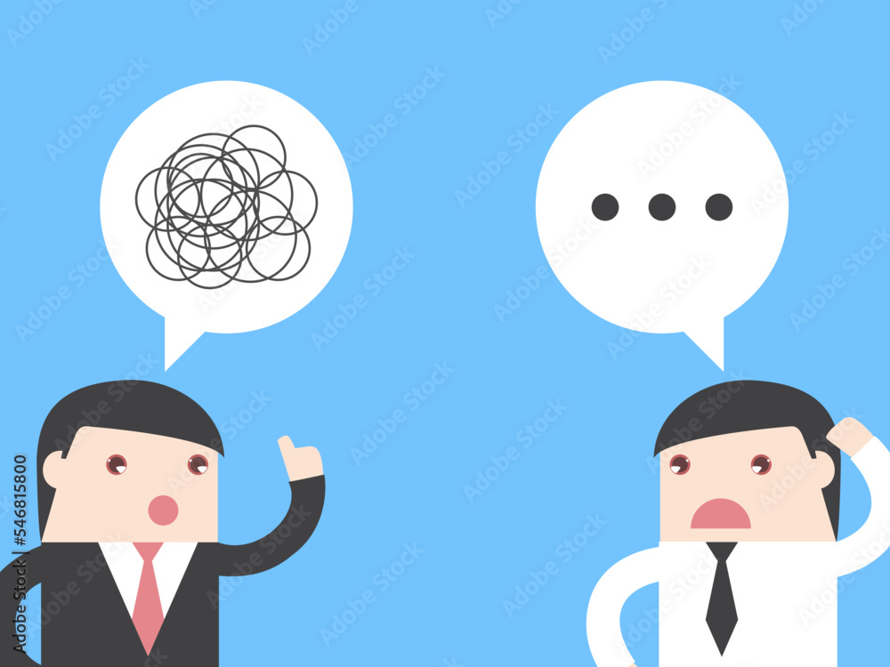 Executive bad communication. businessman don’t understand. Concept of bad communicate, office problem, talking confused, explain not clear.  cartoon illustration.