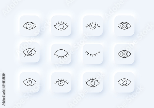 Human eye set icon. Open, closed, tick, checkmark, crossed out, obscene content, eyelid, eyelashes, pupils, cross, view error, see. Vision concept. Neomorphism style. Vector line icon for Business