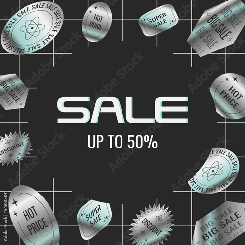 Web sale background taplate with trendy abstract holographic sticker decoration. Modern y2k art banner for online promorion, store discount or social media post. Cover for black friday or cyber monday photo