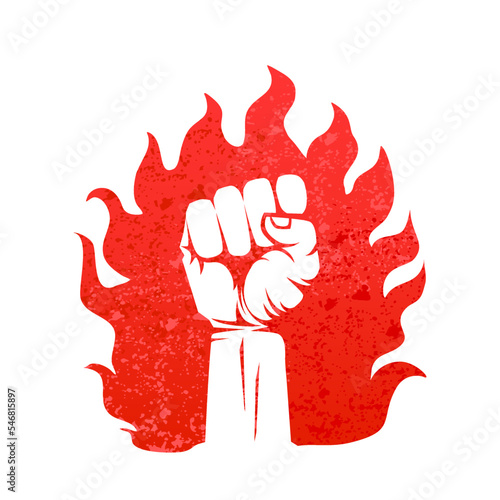 Hand raised with clenched fists with fire.