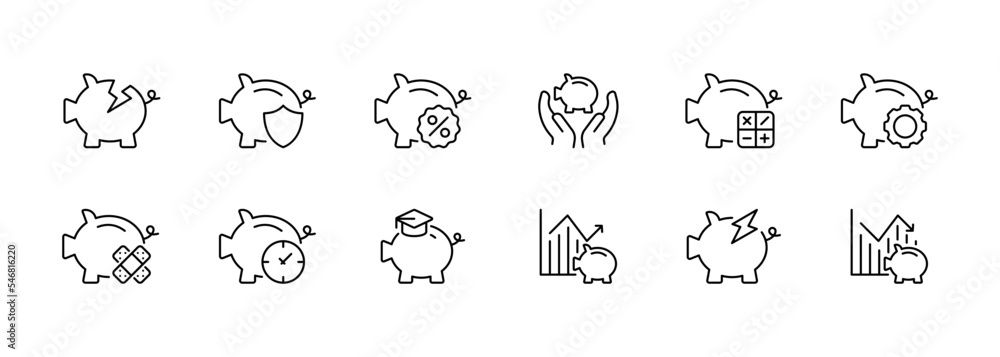 Fototapeta premium Piggy bank set icon. Thriftbox, moneybox, Protection, security, discount, sale, percentage, coupon, calculator, setting, patch, time, deposit, education, analytics, statistics. Vector black icons