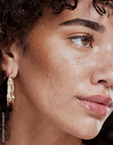 Obraz Closeup, woman and skincare for wellness, natural beauty and confident for makeup brand and fresh. Makeup, female or healthy girl happy, with freckles and smooth face for organic facial and cosmetics