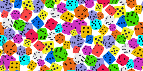 Gambling game dice. Seamless pattern of polyhedral gaming color dice cubes with black dots on white. Object to play in casino, dice from one to six dots with random numbers. Fortune concept. Vector