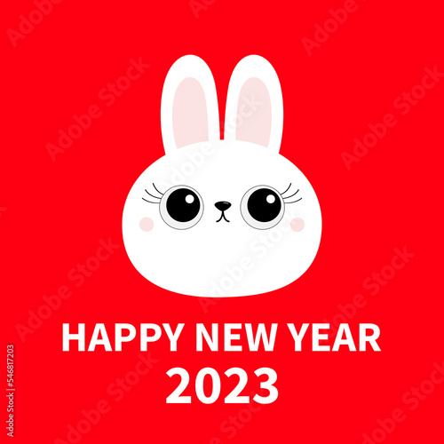 Happy Chinese New Year 2023. The year of the rabbit. White bunny hare face head round icon. Big eyelashes. Cute kawaii cartoon funny baby character. Greeting card. Red background. Flat design.