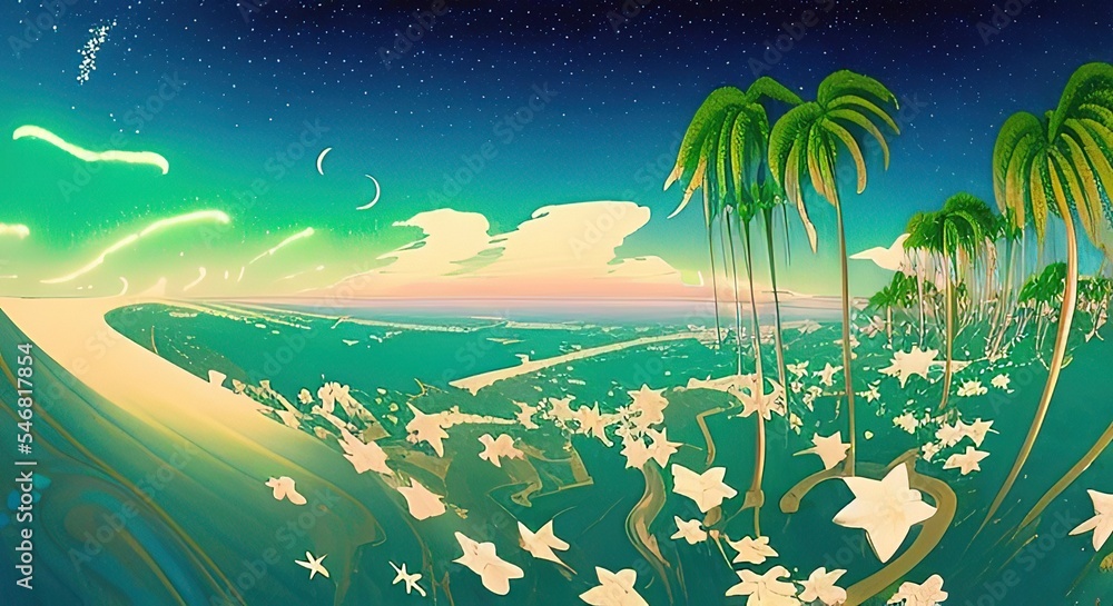 Sunrise morning inside fantasy forest paintinr illustration. Beautiful dayligth scenery, two sun beds