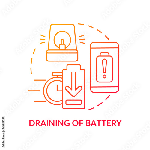 Draining of battery red gradient concept icon. Discharging phone reason. Device issue. Hacking attack abstract idea thin line illustration. Isolated outline drawing. Myriad Pro-Bold font used