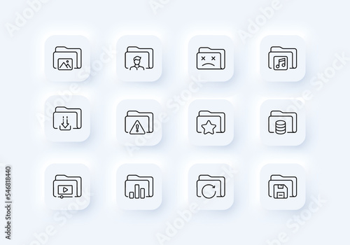 File set icon. Upload and upload information, gallery, images, folders, data, search, minus, new, communication. Data set concept. Neomorphism style. Vector line icon for Business