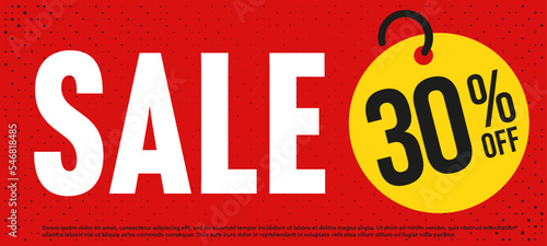 Red sale banner. 30 percent off. Discount sale. Weekend or season fashion price clearance. Special offer. Promotion poster, coupon or label with price tag design vector illustration