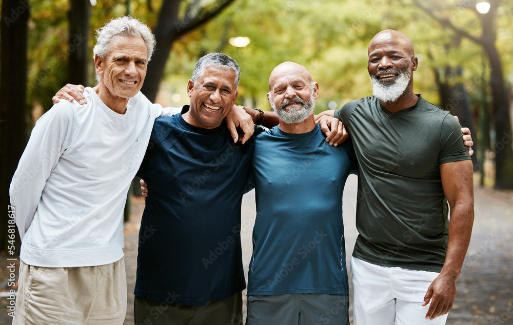 Fitness portrait of senior diversity friends on outdoor exercise run, cardio training or nature park friendship reunion. Solidarity, retirement health and group of people, runner or men in London UK - obrazy, fototapety, plakaty 