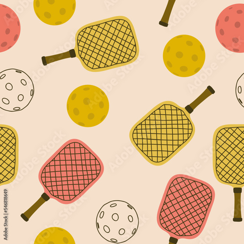 Pickleball with a ball and a rackets seamless pattern. Vector background for sport design, fabric, wrapping paper and textile.