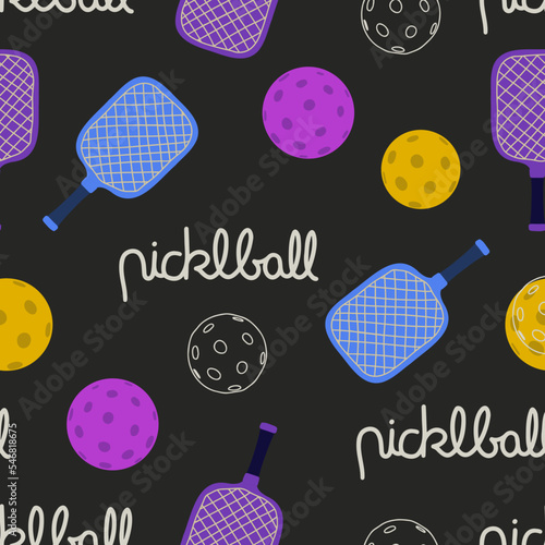 Pickleball seamless pattern. Ball and a rackets Vector background for sport design, fabric, wrapping paper and textile.