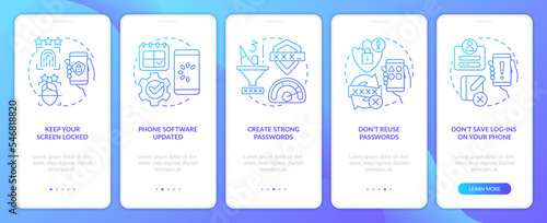 Smartphone protection tips blue gradient onboarding mobile app screen. Walkthrough 5 steps graphic instructions with linear concepts. UI, UX, GUI template. Myriad Pro-Bold, Regular fonts used