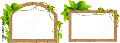 Set Stone brick arch frame border jungle decorated with liana, tropical leaves and grass ancient medieval in cartoon style, isolated on white background. Game decoration, menu