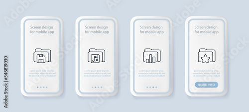 File set icon. Create, folder, diskette, data set, star, configure, protect, favorites, important, download, paid information, image, liked. Online concept. Ui phone up screen. Neomorphism style