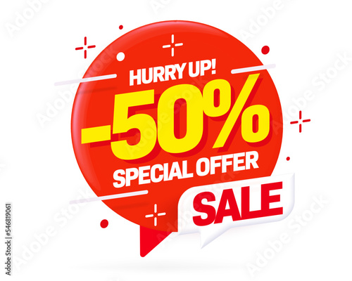 Sale sticker. Minus 50 percent off discount label. Special offer promotion and hurry up invitation. Sale sticker label with half price announcement vector illustration