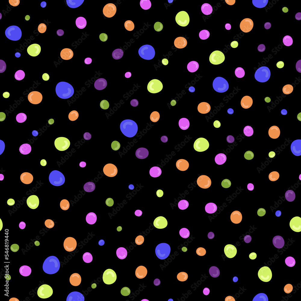 Colorful seamless pattern with irregular dots. Bubbles, stones with shadow. Packaging template, textiles, party prints, bedding and wallpaper.