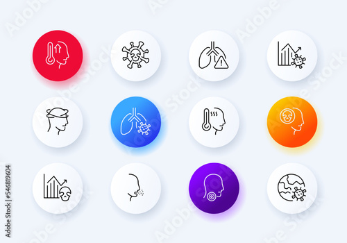 Virus set icon. Pneumonia, quarantine, protective mask, stay home, incidence statistics, covid, coronavirus, incubation period, vaccination, syringe, injection, medical history, Neomorphism style