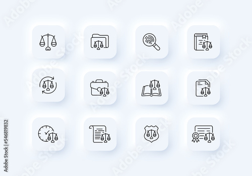 Scales set icon. Folder, weigh, weight, search, fingerprint, analysis, book, balance, deliberate, ponder, reset, time, sale, canter, protection. Neomorphism style. Vector line icon for Business