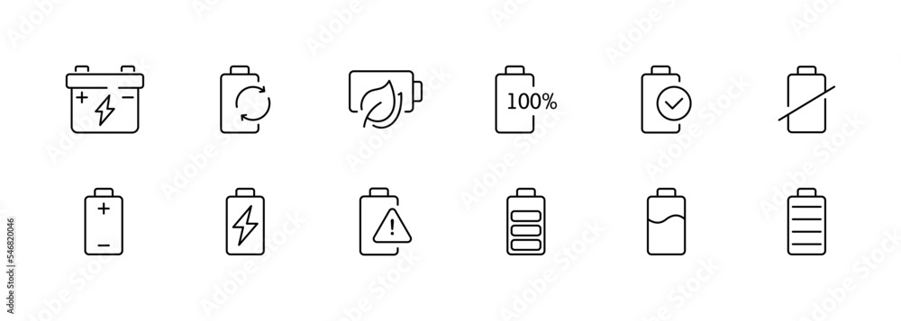 Battery state of charge set icon. Discharged, full, lightning, electricity, accumulator, electric, power supply. Technology concept. Vector black icons on white background