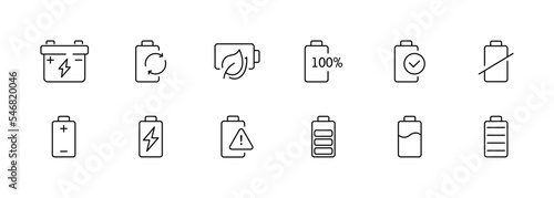 Battery state of charge set icon. Discharged, full, lightning, electricity, accumulator, electric, power supply. Technology concept. Vector black icons on white background