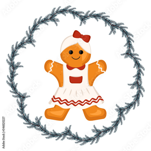 Gingerbread man, decoration for new year, Christmas and holidays in fir tree frame. Character for winter card and design. Vector flat illustration