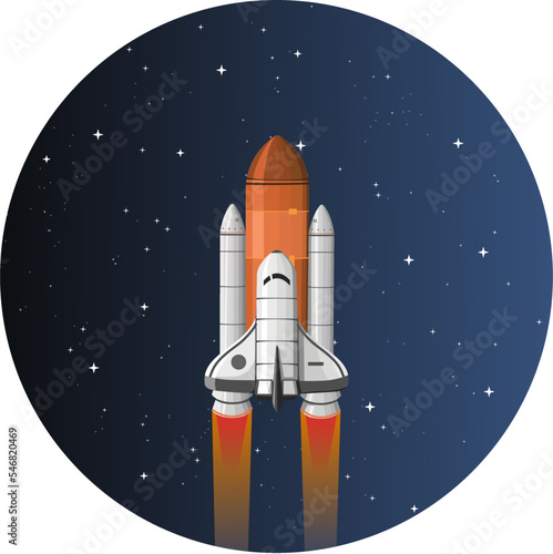 Spaceship Rocket Shuttle fly beyond the Sky in Outer Space for Travel Exploration Mission on Round Background Isolated Vector Illustration, Good for children Science Astronomy Content 