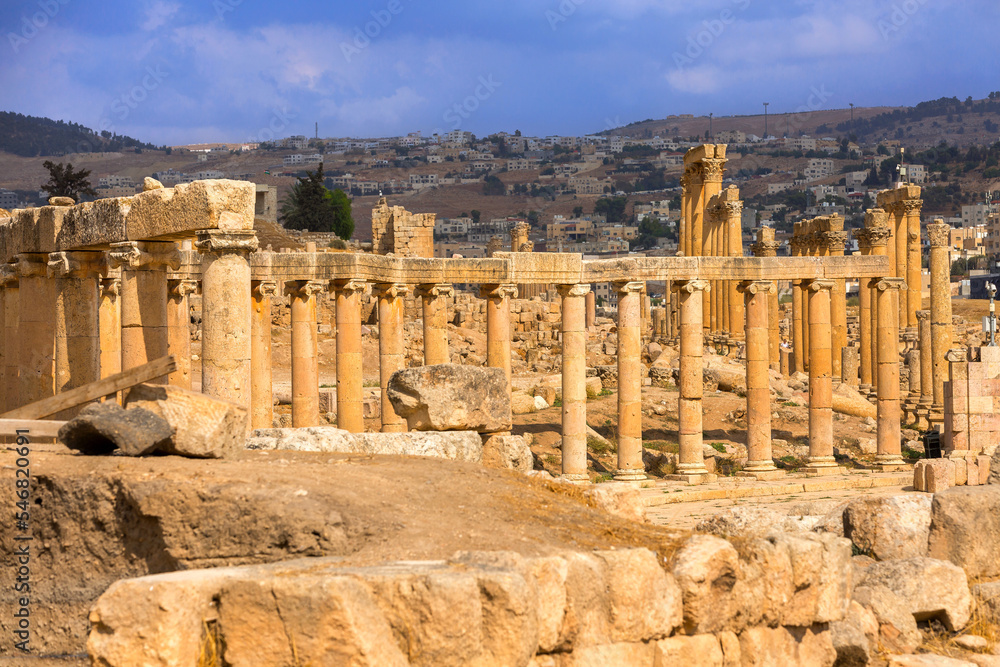 Panorama of Jerash, Jordan, Ruins of ancient Roman city Gerasa with columns and temples