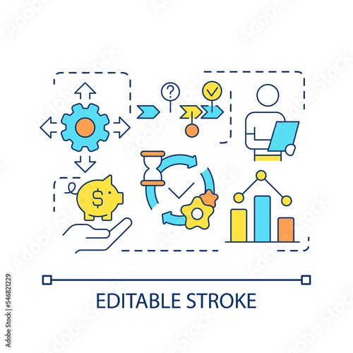 Building strategy concept icon. Analyse statistical data. Business development. Management process abstract idea thin line illustration. Isolated outline drawing. Editable stroke. Arial font used