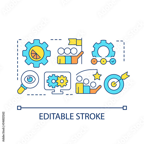 Brand development concept icon. Business strategy. Human resources management. Target goals. Teamwork abstract idea thin line illustration. Isolated outline drawing. Editable stroke. Arial font used