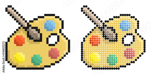 Pixel icon. Palette with multicolored watercolors and brush. Stationery for school. Simple retro game vector isolated on white background