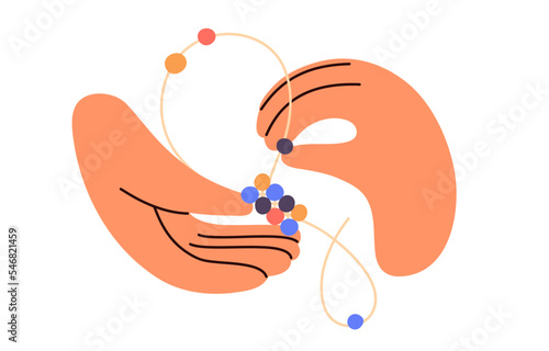 Hands with beads and wire, making handmade bracelet. DIY beadwork process. Artisan during jewelry creating, inserting jewellery on cord. Flat vector illustration isolated on white background