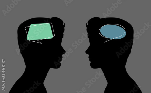 Abstract concept tangled brain, therapist, patient. Two humans head silhouette psycho therapy concept. Therapist and patient. Vector illustration