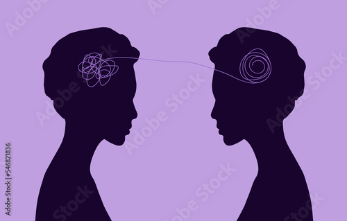 Abstract concept tangled brain, therapist, patient. Two humans head silhouette psycho therapy concept. Therapist and patient. Vector illustration