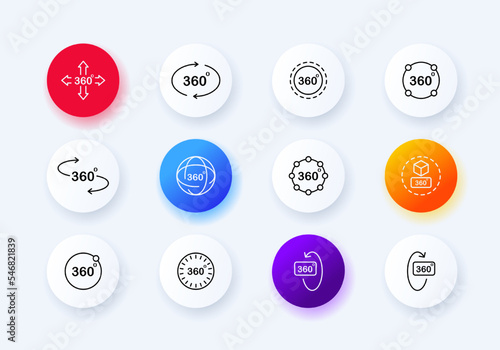 360 degrees set icon. Viewer, viewing angles, view, metaverse, virtual reality, vr, ar, augmented, arrows, globe, three dimensional cube. technology concept. Neomorphism style. Vector line icon