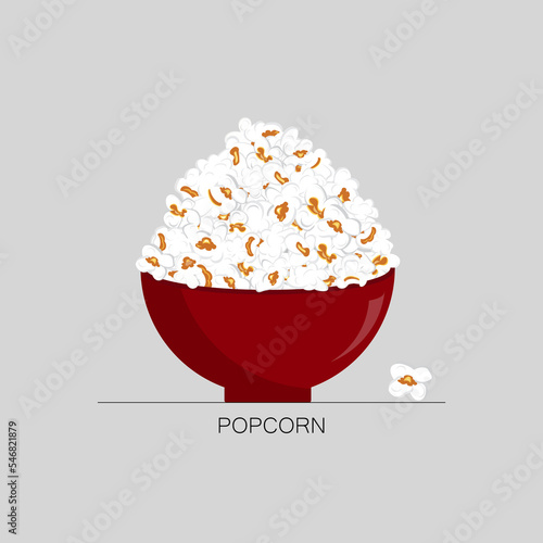 Popcorn and red bowl vector illustration on gray background. Popcorn is a delicious snack that you enjoy while watching movies.