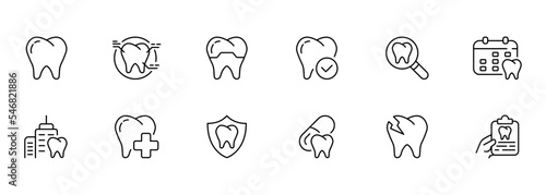 Dentistry set icon. teeth, tooth enamel, white smile, tooth structure, root, tick, magnifying glass, scheduled examination, clinic, cross, pill, crack, caries, whitening. Stomatology concept