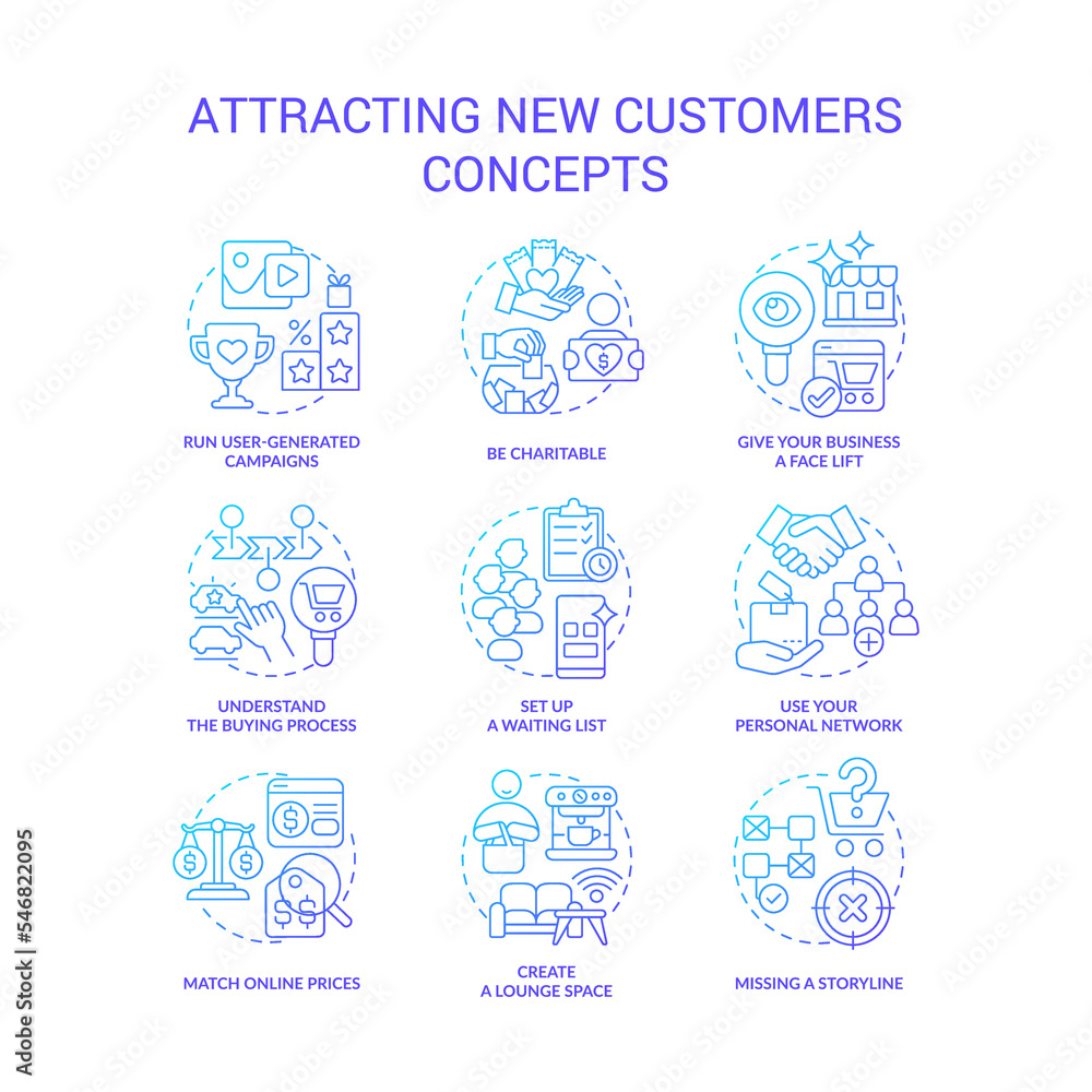 Attracting new customers blue gradient concept icons set. Finding clients. Promotion ideas for business thin line color illustrations. Isolated symbols. Roboto-Medium, Myriad Pro-Bold fonts used