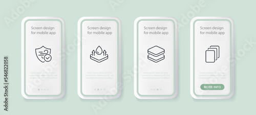Atmosphere set icon. Air quality, permeability, layers, material, shield, breathable, safe, moisture, water drop, humidity, humidifier, disinfection. Ecology concept. Ui phone app screen. Neomorphism