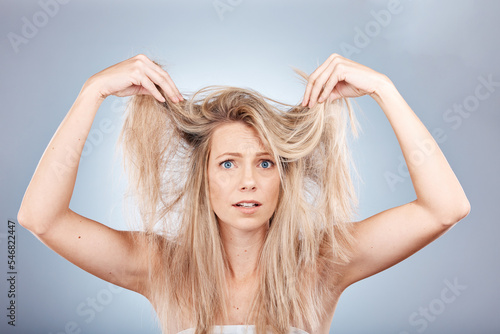 Hair, portrait and woman in studio for hair care, problem and fail or hair loss against grey background. Confused, girl and model with split ends, dry and tangle, damaged hair and frizz with mockup