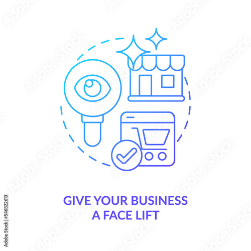 Give business face lift blue gradient concept icon. Brand promotion. Getting clients for new shop abstract idea thin line illustration. Isolated outline drawing. Myriad Pro-Bold font used