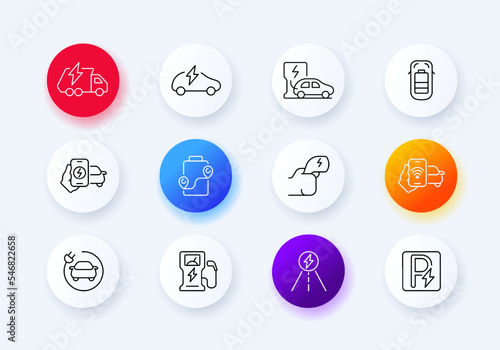 Filling station. Fuel, petrol, gas station, gasoline, water, electricity, eco, electric car, save the planet, green, energy, charge, liquid, parking sign, lightning. Technology concept. Neomorphism