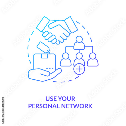 Use personal network blue gradient concept icon. Startup strategy. Finding first consumer tip abstract idea thin line illustration. Isolated outline drawing. Myriad Pro-Bold font used