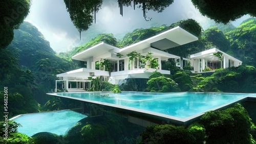 Forest landscape and white modern house. A modern white house with a swimming pool in a tropical forest in the mountains. Fantasy landscape, forest, sunlight, recreation area.