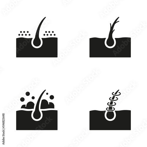 Hair Dandruff, Wash, Repair and Split Ends Silhouette Icons. Dermatology Problem and Treatment Black Icon. Unhealthy or Dirty Follicle Pictogram. Isolated Vector Illustration